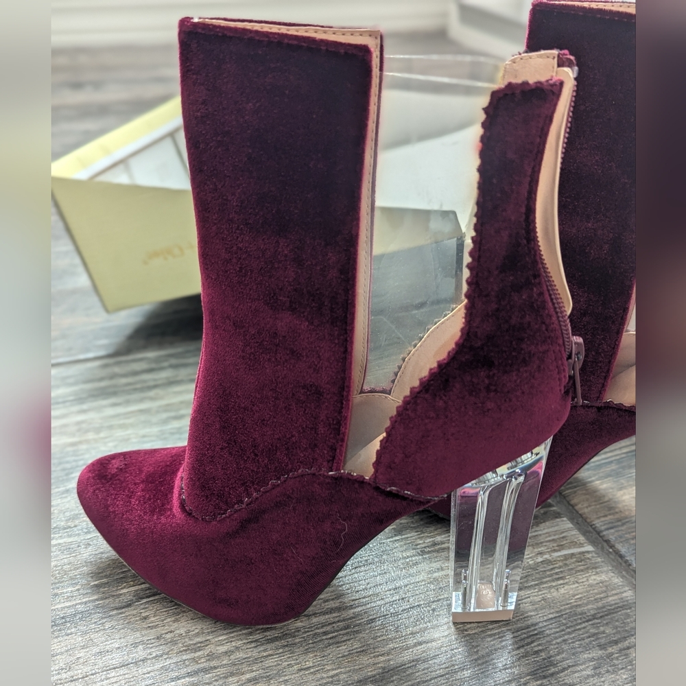 Chase + Chloe maroon velvet boots with clear heels